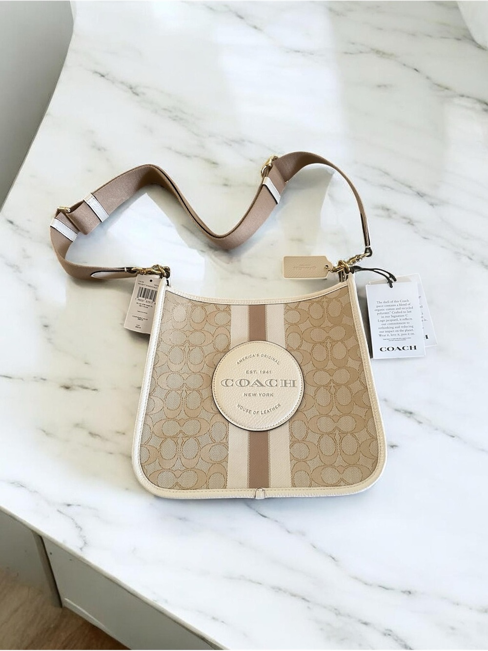 Coach Beige/Tan Signature Crossbody Bag with Center Stripe